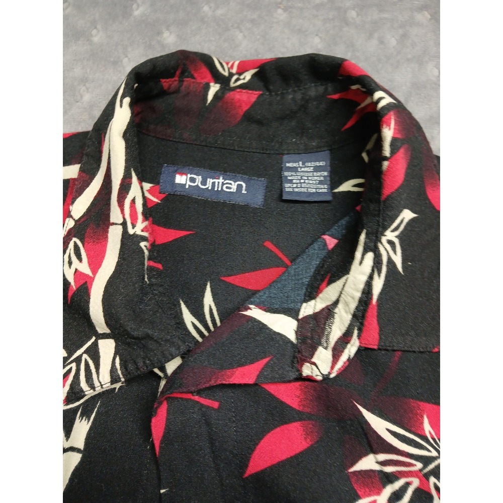 Puritan Mens Large Black Red Bamboo Tropical Rayon ShortSleeve Button Down Shirt - Picture 2 of 6